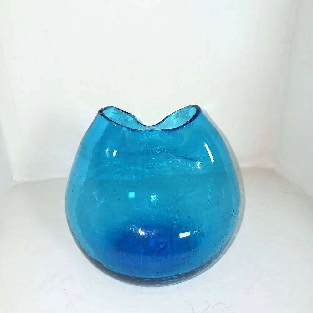 Vintage Blue Blenko 39 Pinched Ivy Bud Vase Mid Century Hand Blown Art Glass